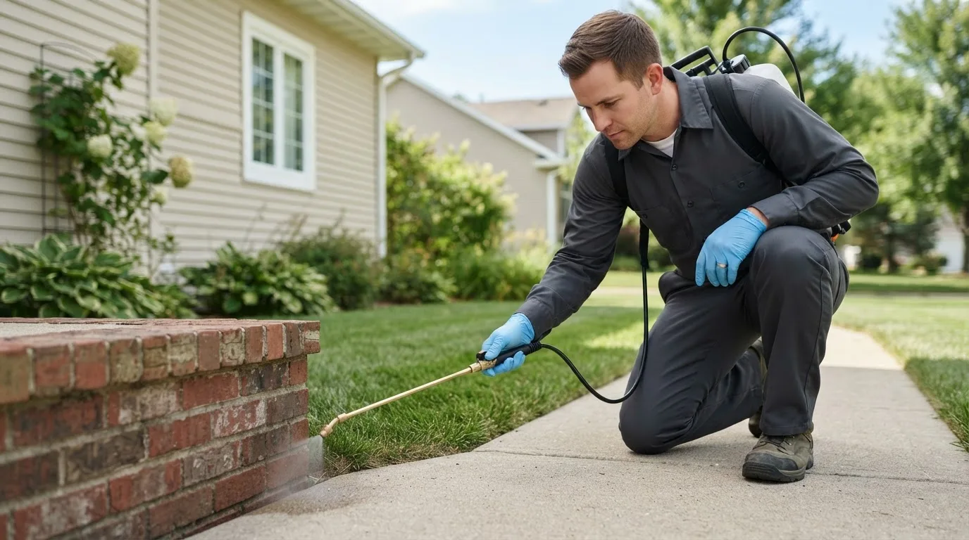 Pest control technician treating a home near Diggs, VA