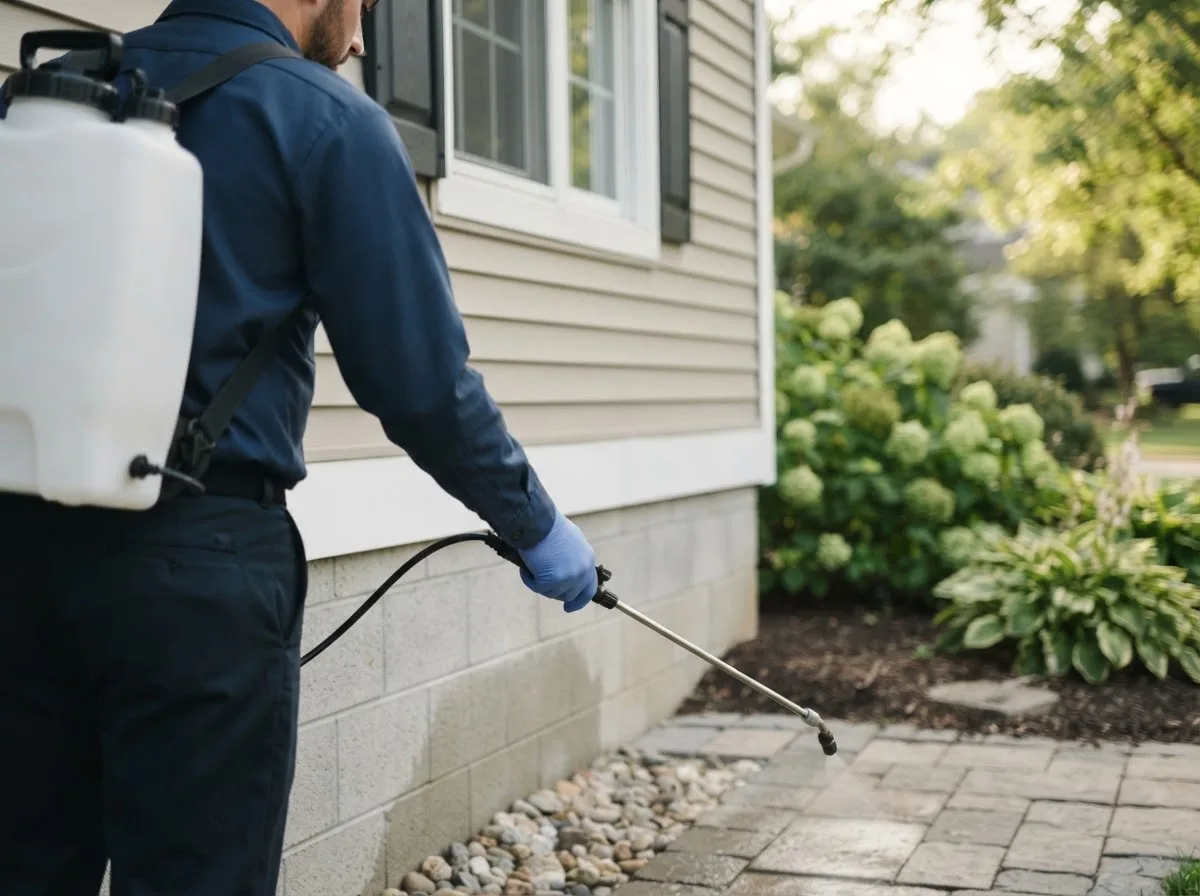 Pest control technician inspecting a home in Diggs, VA